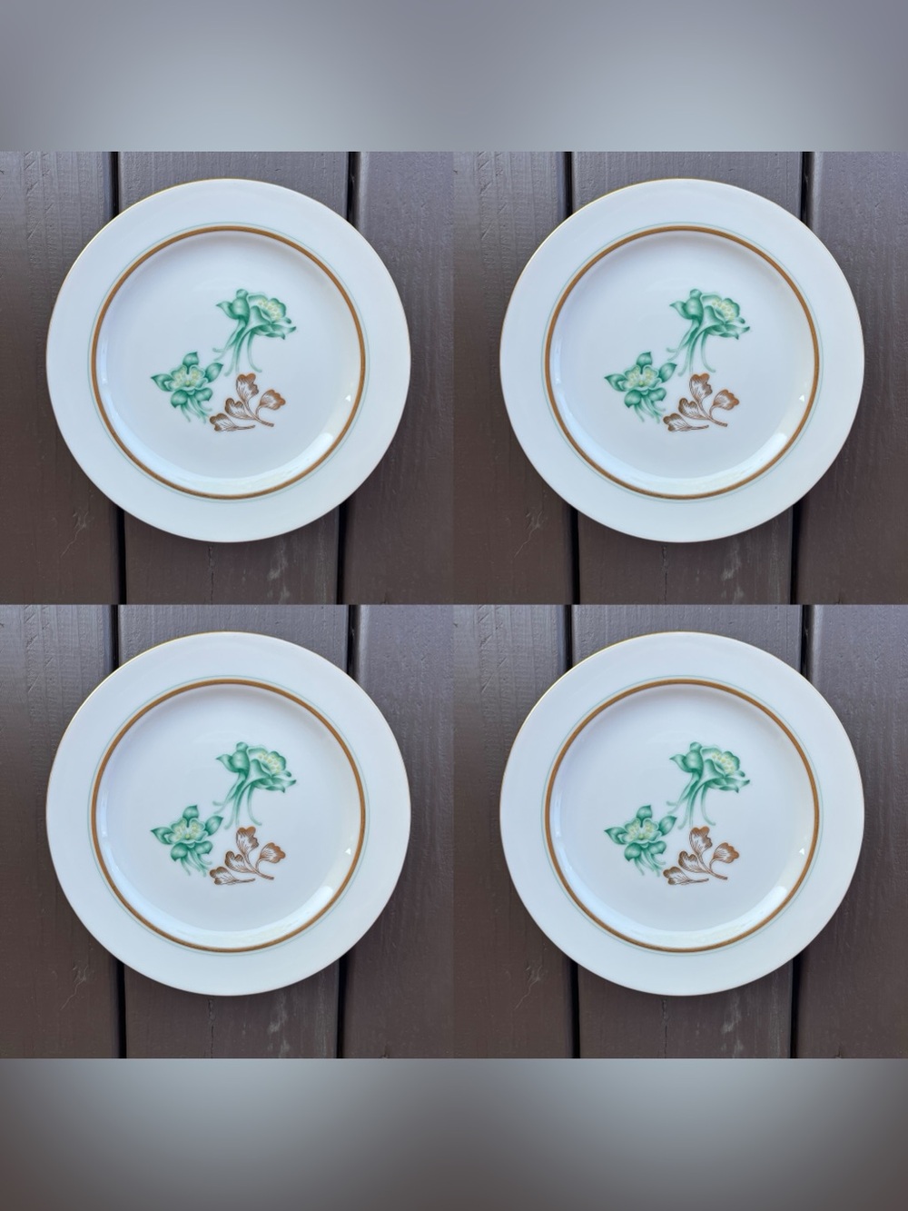 Vintage Wentworth China 4 Columbine Green Floral Salad Plates Gold Trim Cottage